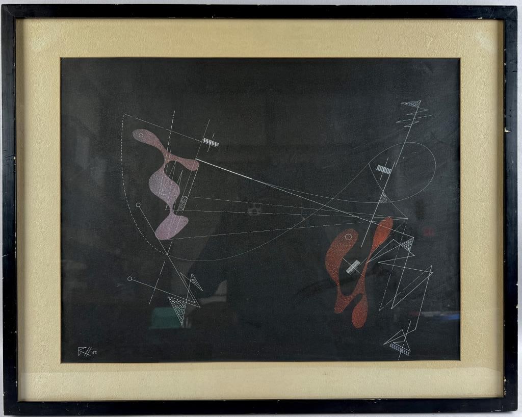 GEOMETRIC ABSTRACT Mid-to Late 20th Century 17" x 23" sight. Framed 22.5" x 29.5".: GEOMETRIC ABSTRACTMid-to Late 20th CenturySigned illegibly lower left. Inscribed in pencil verso "Counterpart #1 O.S. Lovekin".17" x 23" sight. Framed 22.5" x 29.5".