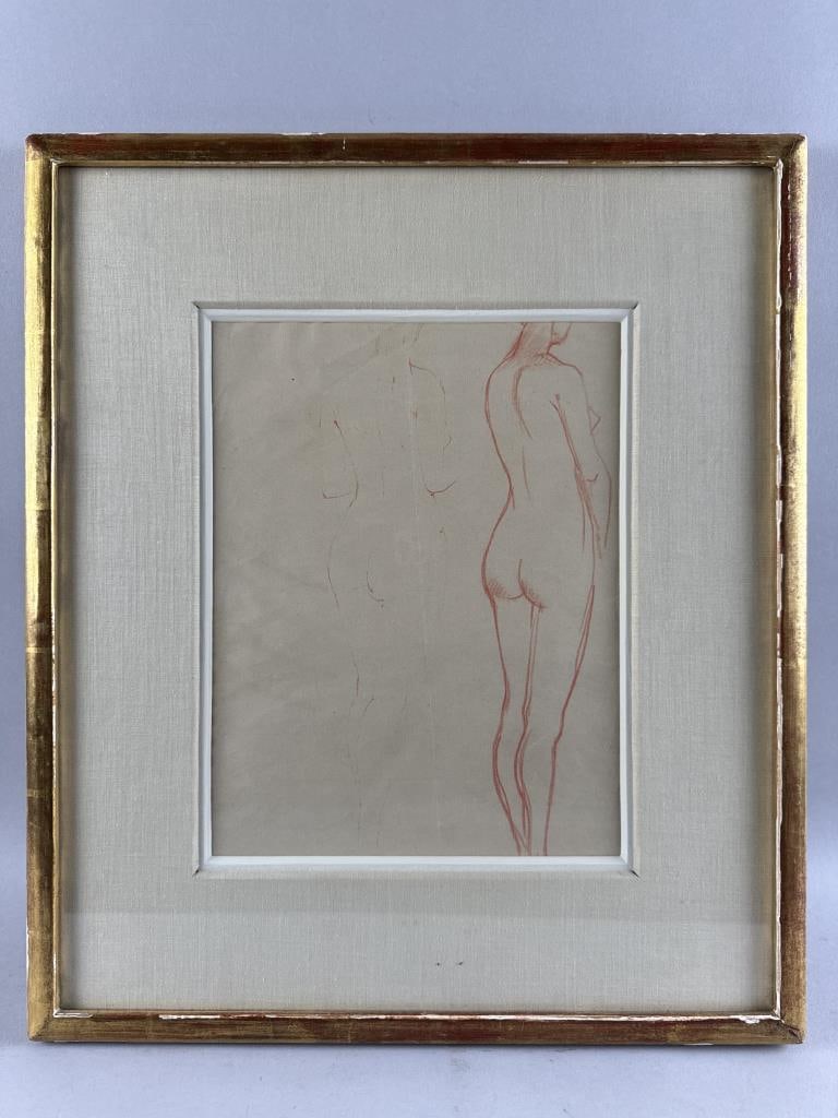 NUDE FIGURAL STUDY Mid-20th Century Drawing on paper, 11.5" x 9" sight. Framed 19.5" x 17".: NUDE FIGURAL STUDYMid-20th CenturyUnsigned. Artist identified as Christopher Wood on a Mercury Gallery label verso.Drawing on paper, 11.5" x 9" sight. Framed 19.5" x 17".