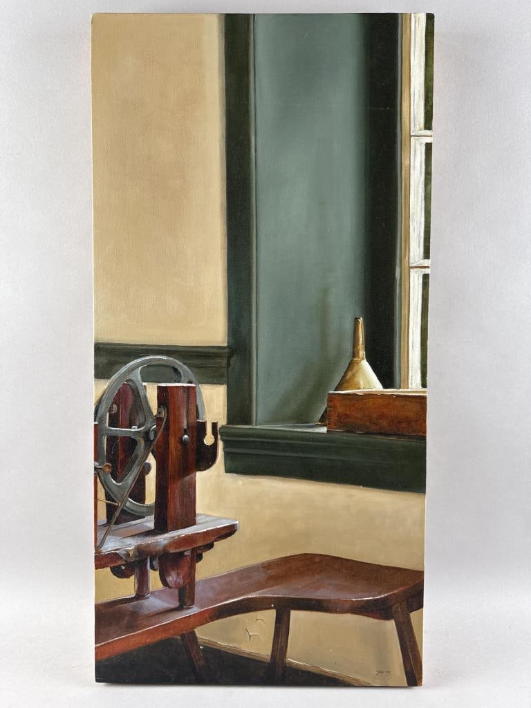NEIL HOLLINGSWORTH (California, Contemporary), Interior scene., Oil on canvas, 30" x 15". Unframed.: NEIL HOLLINGSWORTHCalifornia, ContemporaryInterior scene. Signed and dated lower right "NH 03".Oil on canvas, 30" x 15". Unframed.
