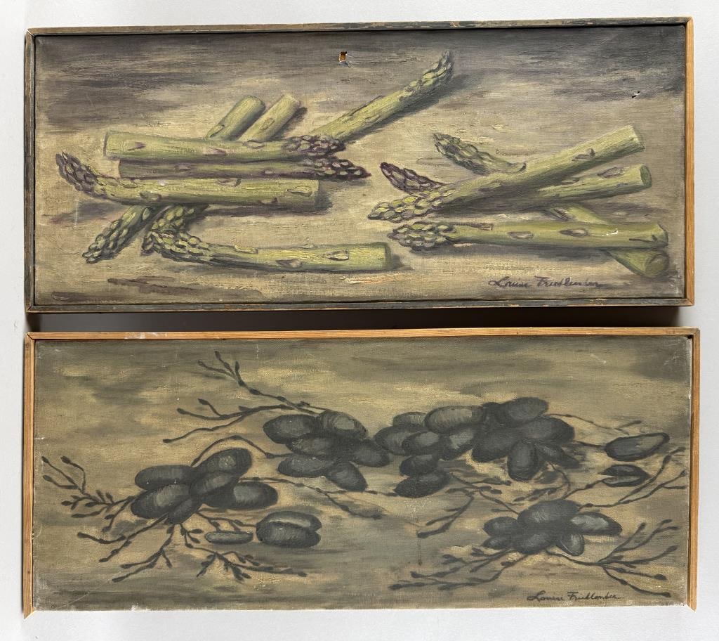 AMERICAN SCHOOL (20th Century,), Still lifes of asparagus and olives., Oils on canvas, 10" x 24".: AMERICAN SCHOOL20th CenturyStill lifes of asparagus and olives. Signed lower right "Louise Fri[...]".Oils on canvas, 10" x 24". Framed 10.5" x 24.5". Provenance:The Estate of Jim Lyons