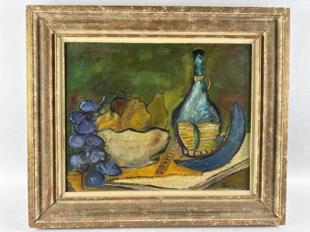 AMERICAN SCHOOL (20th Century,), Still life of fruit and a bottle., Oil on canvas board, 15.25" x (1 of 2)