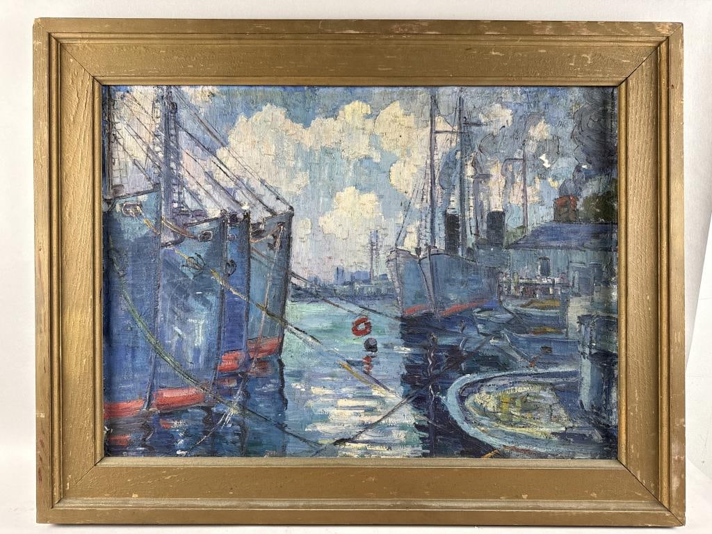 AMERICAN SCHOOL (20th Century,), Several ships at dock., Oil on canvas, 21" x 29". Framed 27.5" x: AMERICAN SCHOOL20th CenturySeveral ships at dock. Unsigned.Oil on canvas, 21" x 29". Framed 27.5" x 31".