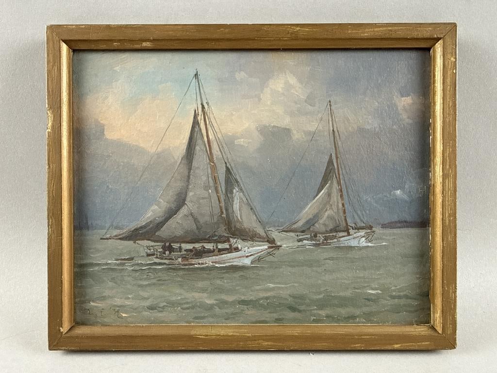 LOUIS J. FEUCHTER (Maine/Maryland, 1885-1957), Yachting scene., Oil on board, 7" x 9". Framed 7.75": LOUIS J. FEUCHTERMaine/Maryland, 1885-1957Yachting scene. Signed and dated lower left "L.F. 37".Oil on board, 7" x 9". Framed 7.75" x 9.75".