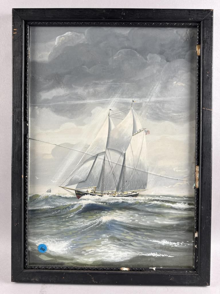 AMERICAN SCHOOL (Early 20th Century,), A yacht in rough seas., Watercolor and gouache, 20" x 13.5" (1 of 2)