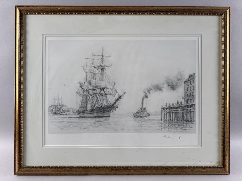 JOHN STOBART (Massachusetts/Florida/England, 1929-2023), Boston's T Wharf., Lithograph of a pencil: JOHN STOBARTMassachusetts/Florida/England, 1929-2023Boston's T Wharf. Signed lower right. Numbered 59/150.Lithograph of a pencil drawing, 12" x 15". Framed 22" x 28".
