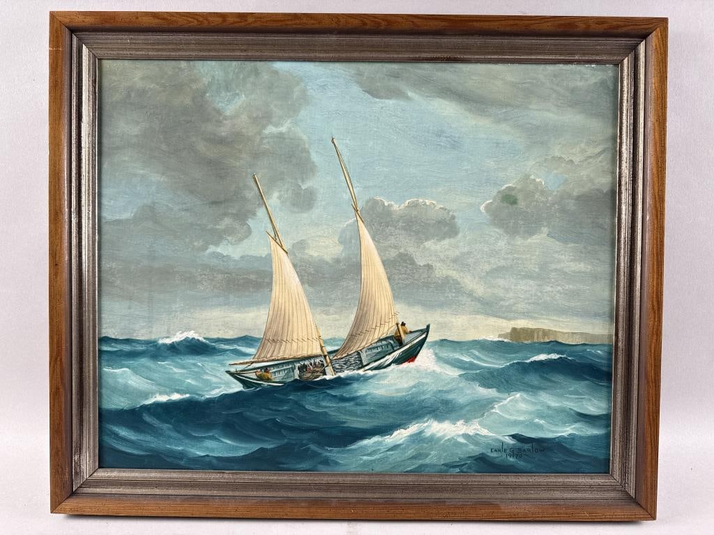EARLE G. BARLOW (Maine, 1923-2013), Fishermen in rolling waves., Oil on masonite, 16" x 20". Framed: EARLE G. BARLOWMaine, 1923-2013Fishermen in rolling waves. Signed and dated lower right "Earle G. Barlow 1970".Oil on masonite, 16" x 20". Framed 18" x 22.5".