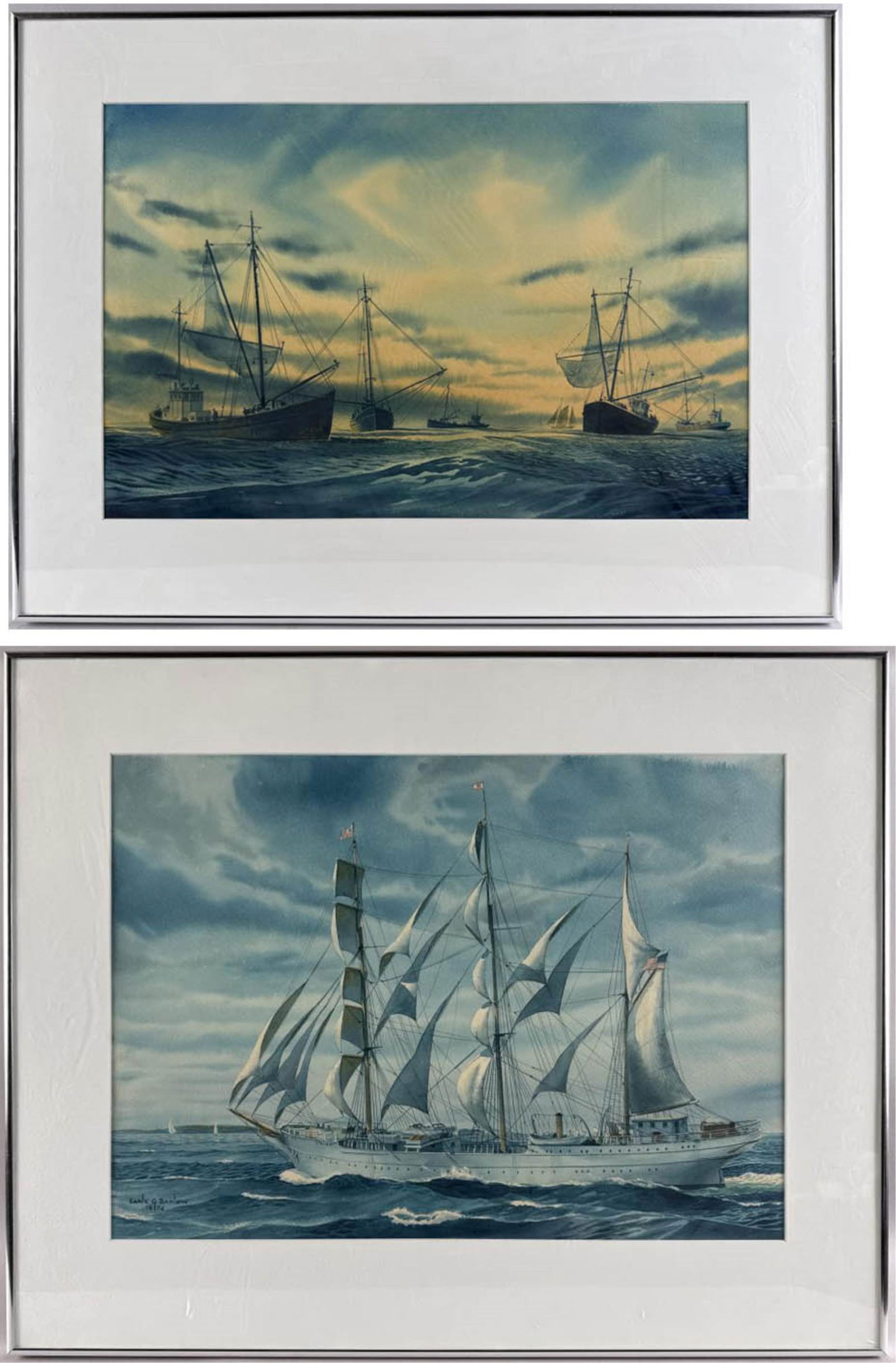 EARLE G. BARLOW (Maine, 1923-2013), Two marine views, one of fishing boats and the other of a: EARLE G. BARLOWMaine, 1923-2013Two marine views, one of fishing boats and the other of a three-masted ship. Both signed lower left "Earle Barlow".Watercolors on paper, 14.5" x 22.5" and 17.5" x 23.5".