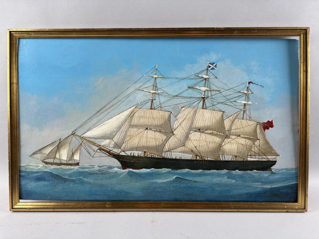 PORTRAIT OF AN ENGLISH SHIP AT SEA 19th Century Oil on board, 14.75" x 25.5". Framed 16" x 26.5". (1 of 3)
