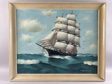 ELLERY THOMPSON (Connecticut, 1899-1987), Three-masted clipper ship., Oil on panel, 24" x 30".