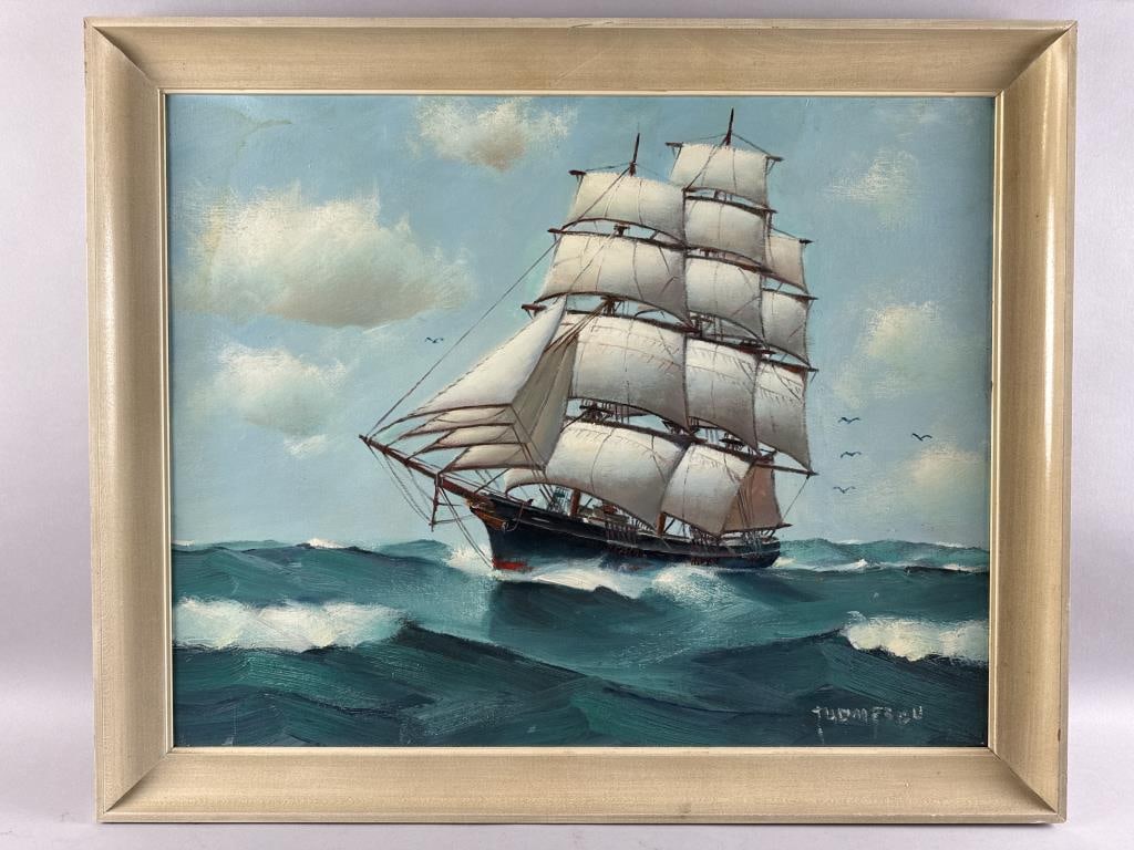 ELLERY THOMPSON (Connecticut, 1899-1987), Three-masted clipper ship., Oil on panel, 24" x 30". (1 of 3)