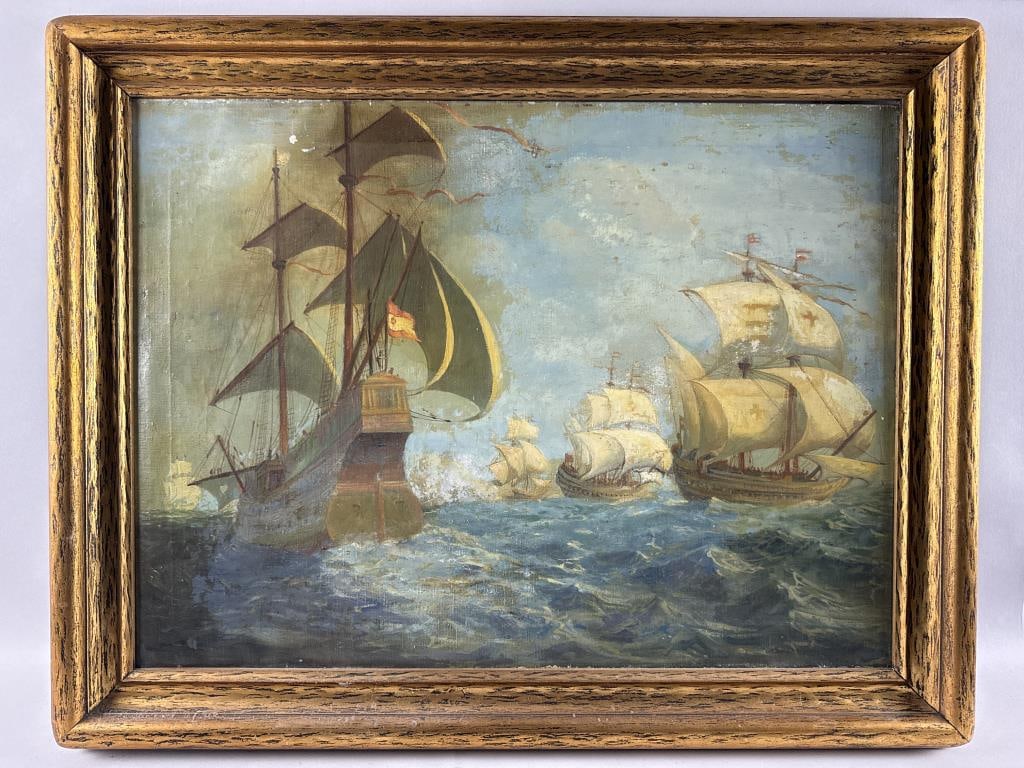 CONTINENTAL SCHOOL (Early 20th Century,), Naval battle between Portuguese and Spanish ships., Oil on: CONTINENTAL SCHOOL Early 20th Century Naval battle between Portuguese and Spanish ships. Unsigned. Oil on canvas, 22" x 30". Framed 29" x 35".