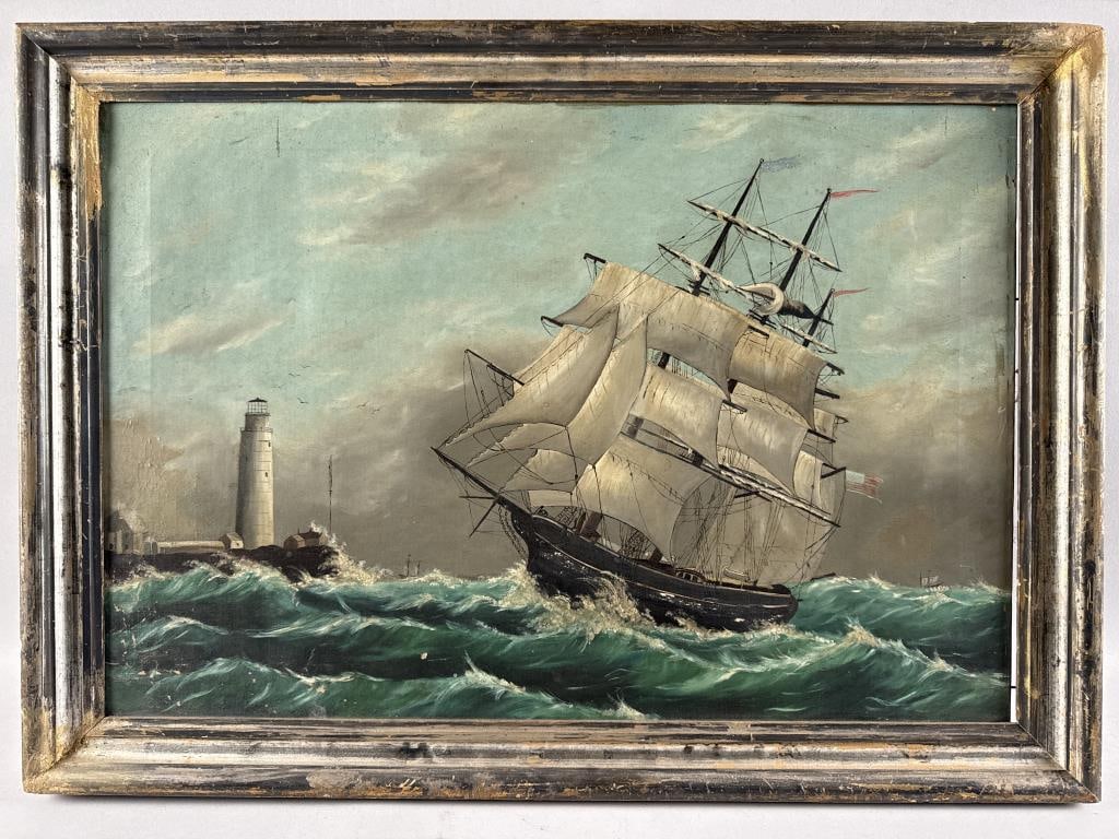 AMERICAN SCHOOL (19th Century,), Ship off a coastal lighthouse., Oil on canvas, 18" x 26". Framed (1 of 2)