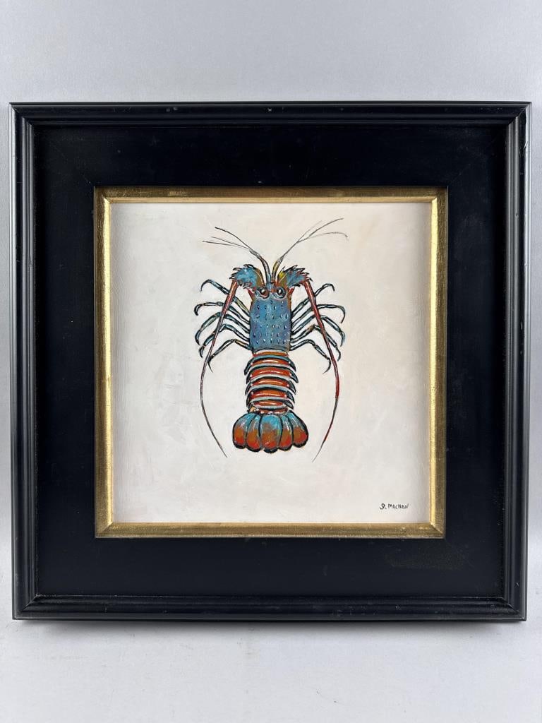 GEORGE MACHON (Massachusetts, Contemporary), "Spiny Lobster"., Oil on board, 12" x 12". Framed 19" x: GEORGE MACHON Massachusetts, Contemporary "Spiny Lobster". Signed lower right "G. Machon". Oil on board, 12" x 12". Framed 19" x 19".