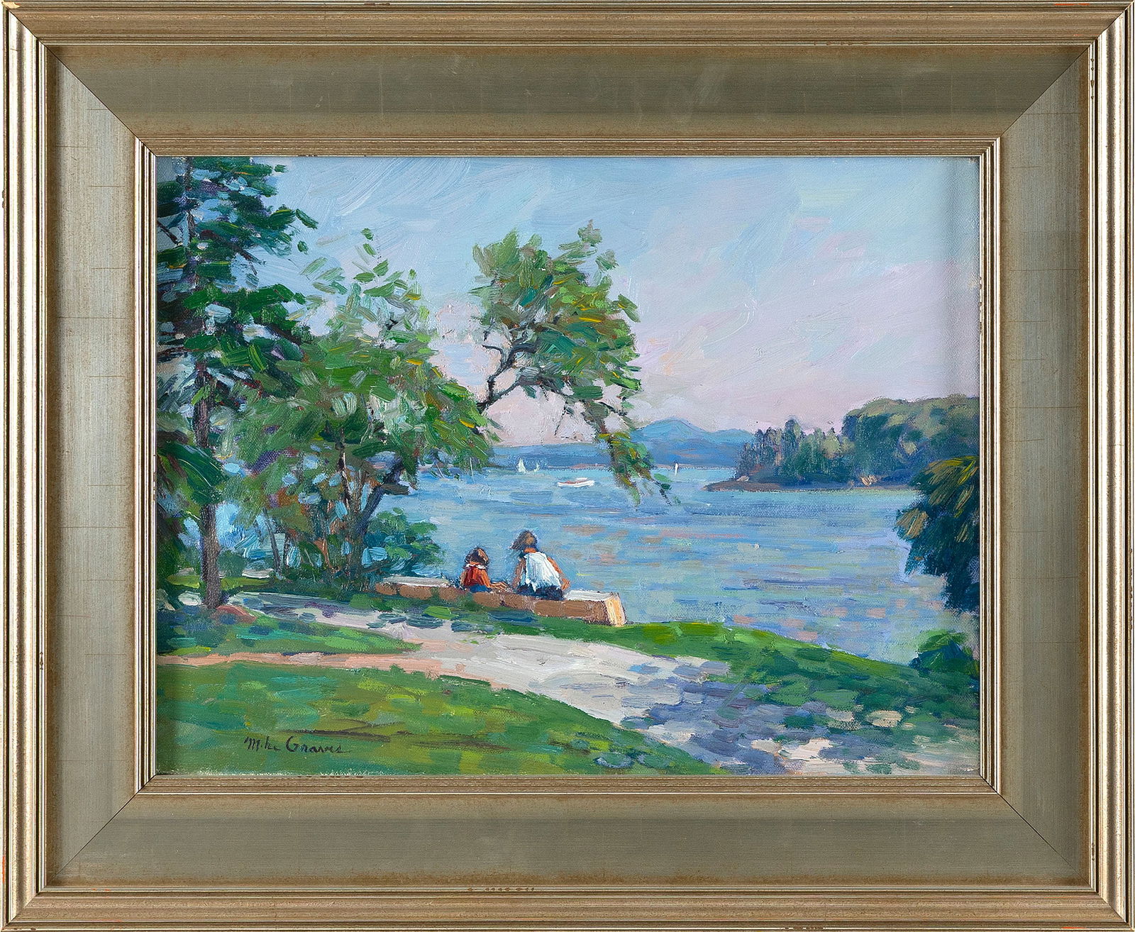 MICHAEL (MIKE) GRAVES (Massachusetts, 1952-), Figures by a mountain lake., Oil on canvas, 12" x 16".: MICHAEL (MIKE) GRAVES Massachusetts, 1952- Figures by a mountain lake. Signed lower left "Mike Graves". Oil on canvas, 12" x 16". Framed 17" x 21".