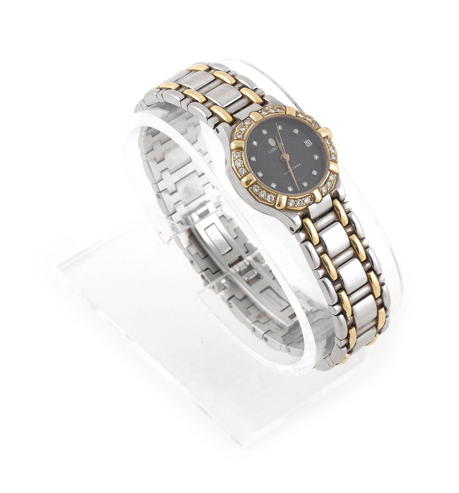 CONCORD STAINLESS STEEL, 18KT YELLOW GOLD AND DIAMOND SARATOGA WATCH: CONCORD STAINLESS STEEL, 18KT YELLOW GOLD AND DIAMOND SARATOGA WATCH#15 73 2871/#827999. Bezel set with 24 small round-cut diamonds, approx. 0.25 ctw. Black dial with small single-cut diamond markers,