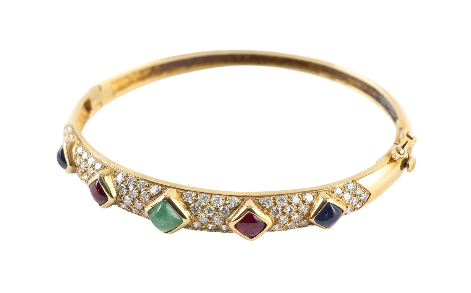 18KT YELLOW GOLD, DIAMOND, EMERALD, RUBY AND SAPPHIRE BANGLE BRACELET Approx. 11.9 total dwt.: 18KT YELLOW GOLD, DIAMOND, EMERALD, RUBY AND SAPPHIRE BANGLE BRACELET84 round-cut diamonds, approx. 0.75 ctw., one approx. 5.0 x 5.0mm cabochon emerald, two approx. 4.0 x 4.0mm cabochon-cut rubies, an