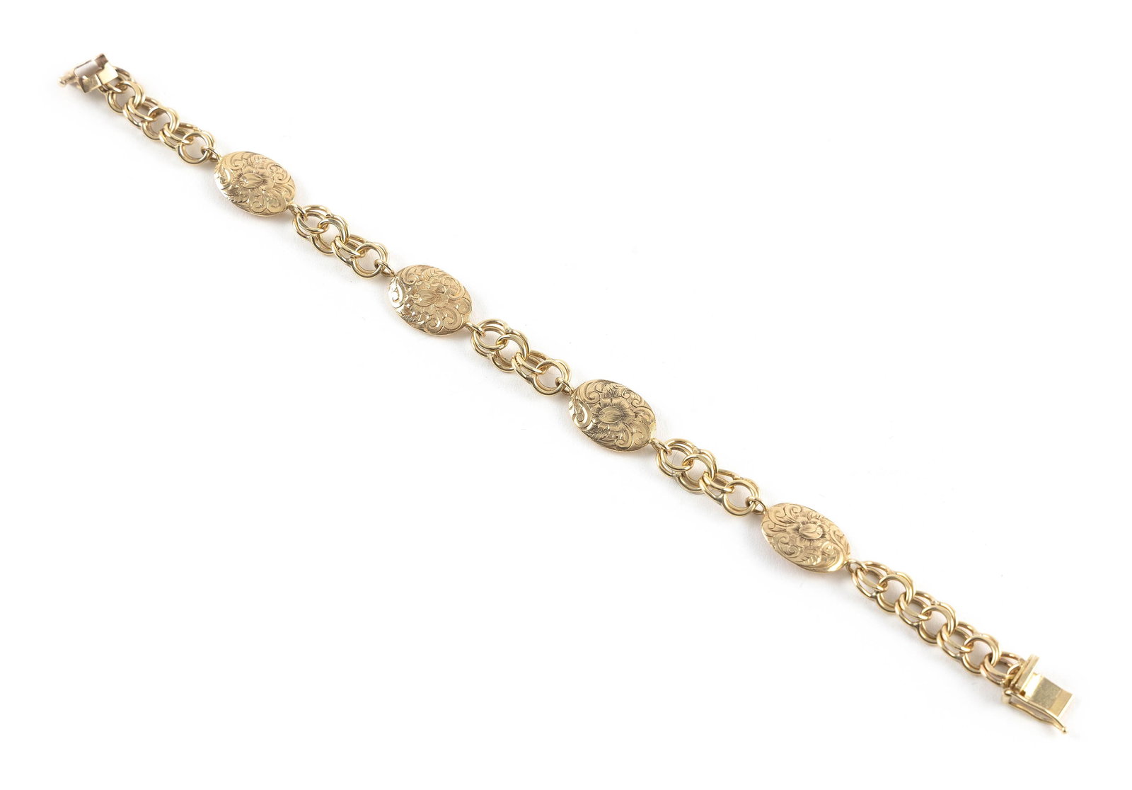 CUSTOM 14KT YELLOW GOLD BRACELET Approx. 8.1 total dwt.: CUSTOM 14KT YELLOW GOLD BRACELETDouble link sections with four oval links made from vintage cuff links. Box clasp with fold-over safety. Each stamped or touchstone tested. Width approx. 11.0mm. Length