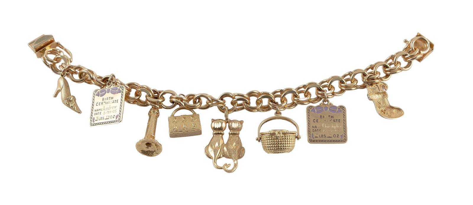 14KT YELLOW GOLD DOUBLE-LINK CHARM BRACELET WITH 14KT YELLOW GOLD CHARMS Approx. 35.4 total dwt.: 14KT YELLOW GOLD DOUBLE-LINK CHARM BRACELET WITH 14KT YELLOW GOLD CHARMSEight charms. Box clasp with fold-over safety. All stamped. Bracelet width approx. 10.0mm. Length 7.5".Approx. 35.4 total dwt.