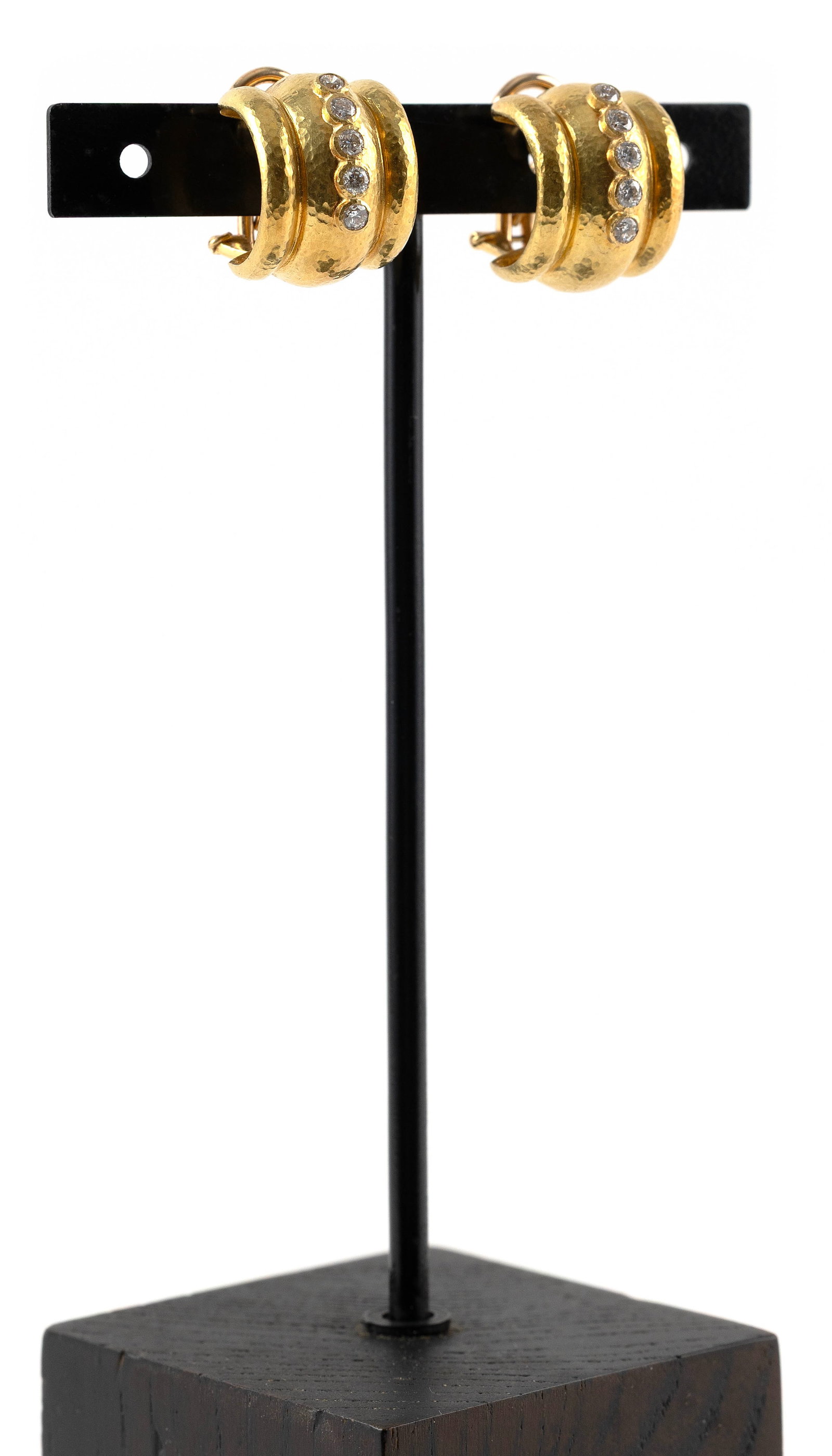 PAIR OF 18KT YELLOW GOLD DIAMOND HOOP EARRINGS Approx. 10.4 total dwt.: PAIR OF 18KT YELLOW GOLD DIAMOND HOOP EARRINGSEach with five diamonds, approx. 0.50 ctw. Omega clip with a swivel posy. Can be worn as clip only or post and clip. Stamped. Approx. 15.0 x 19.0mm.Approx