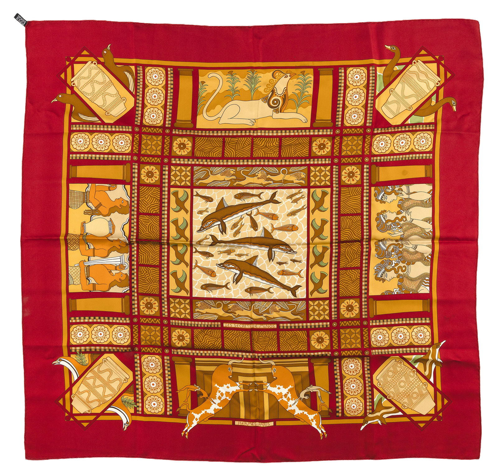 HERMES "LES SECRETS DE MINOS" SILK SCARF Circa 2003 33.5" x 35".: HERMES "LES SECRETS DE MINOS" SILK SCARFCirca 2003Egyptian motif. Rolled hem. Sewn-in care label.33.5" x 35".