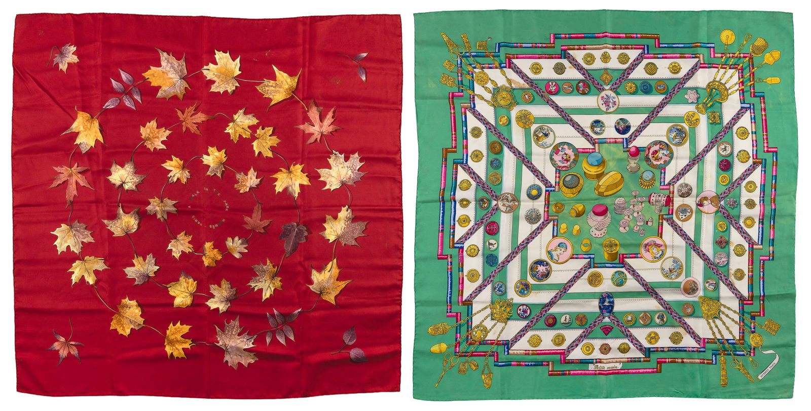 TWO HERMES SILK SCARVES Late 20th/Early 21st Century 33.5" x 33.5" and 35" x 34".: TWO HERMES SILK SCARVESLate 20th/Early 21st Century"A Walk in the Park" designed L.P. Cooke with sewn-in care label and "Petite Main" designed by Caty Lathamj lacking care label. Both with hand-rolled
