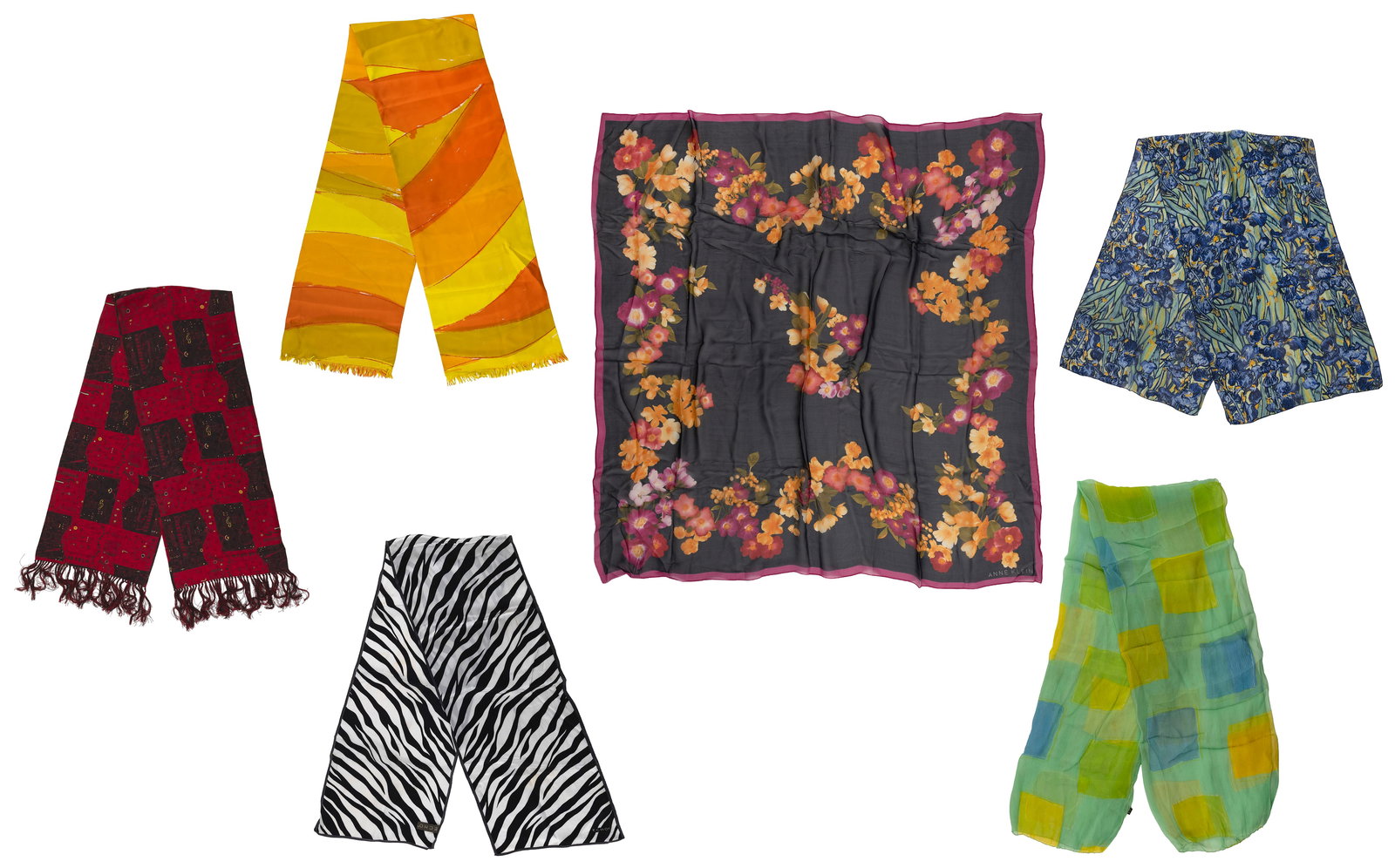 SIX SILK SCARVES Late 20th/Early 21st Century Lengths to approx. 66".: SIX SILK SCARVESLate 20th/Early 21st CenturyOne by Anne Klein. Each with sewn-in care labels. All 100% silk.Lengths to approx. 66".