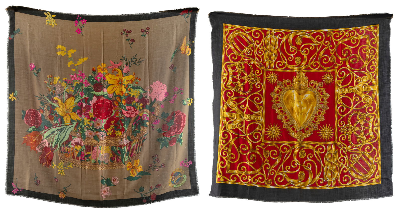 TWO LARGE WOOL SCARVES Late 20th Century: TWO LARGE WOOL SCARVESLate 20th Century1) Burberrys of London with design of flowers in a basket. Brand and care label. 100% wool. 53" x 53".2) "In Love We Trust", possibly Moschino. Made in Italy. La