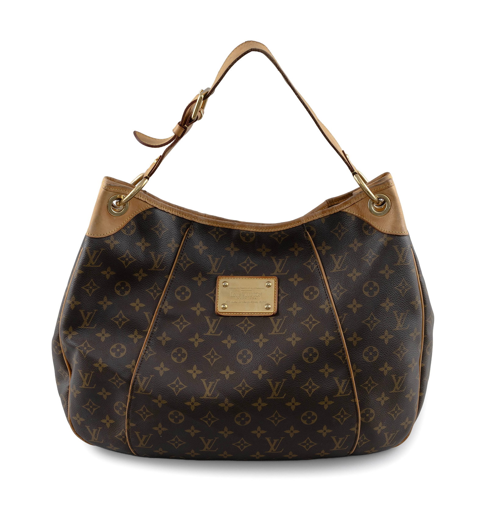 LOUIS VUITTON GALLIERA GM SHOULDER BAG 2000s Height approx. 13". Length approx. 17.5". Width approx.: LOUIS VUITTON GALLIERA GM SHOULDER BAG2000sBrown monogram canvas with vachetta leather and brass hardware. Louis Vuitton Inventeur plaque on front. Beige microfiber interior with snap and patch pocket