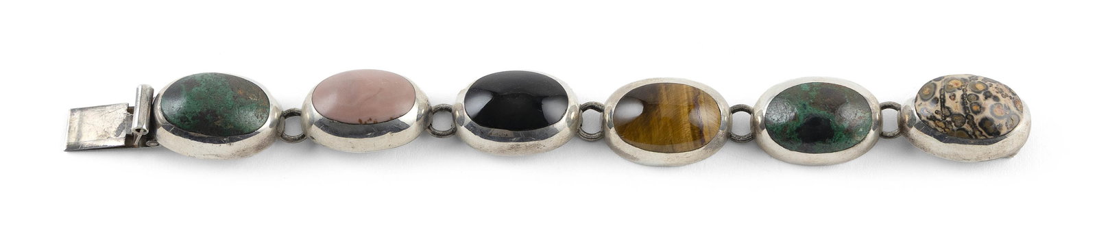 STERLING SILVER AND MULTI-STONE FLEXIBLE LINK BRACELET Approx. 37.8 total dwt.: STERLING SILVER AND MULTI-STONE FLEXIBLE LINK BRACELETSix approx. 17.0 x 25.0mm links each with a cabochon stone. Box clasp. Stamped "Mexico 925". Length 7".Approx. 37.8 total dwt.