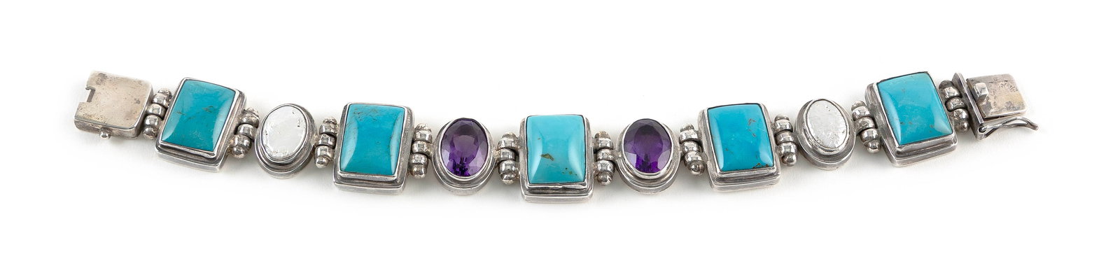 STERLING SILVER, TURQUOISE, MOTHER-OF-PEARL AND AMETHYST BRACELET Approx. 48.9 total dwt.: STERLING SILVER, TURQUOISE, MOTHER-OF-PEARL AND AMETHYST BRACELETFive approx. 15.0 x 20.0mm links with cabochon turquoise, two approx. 13.0 x 16.0mm links with oval faceted amethyst and two approx. 12