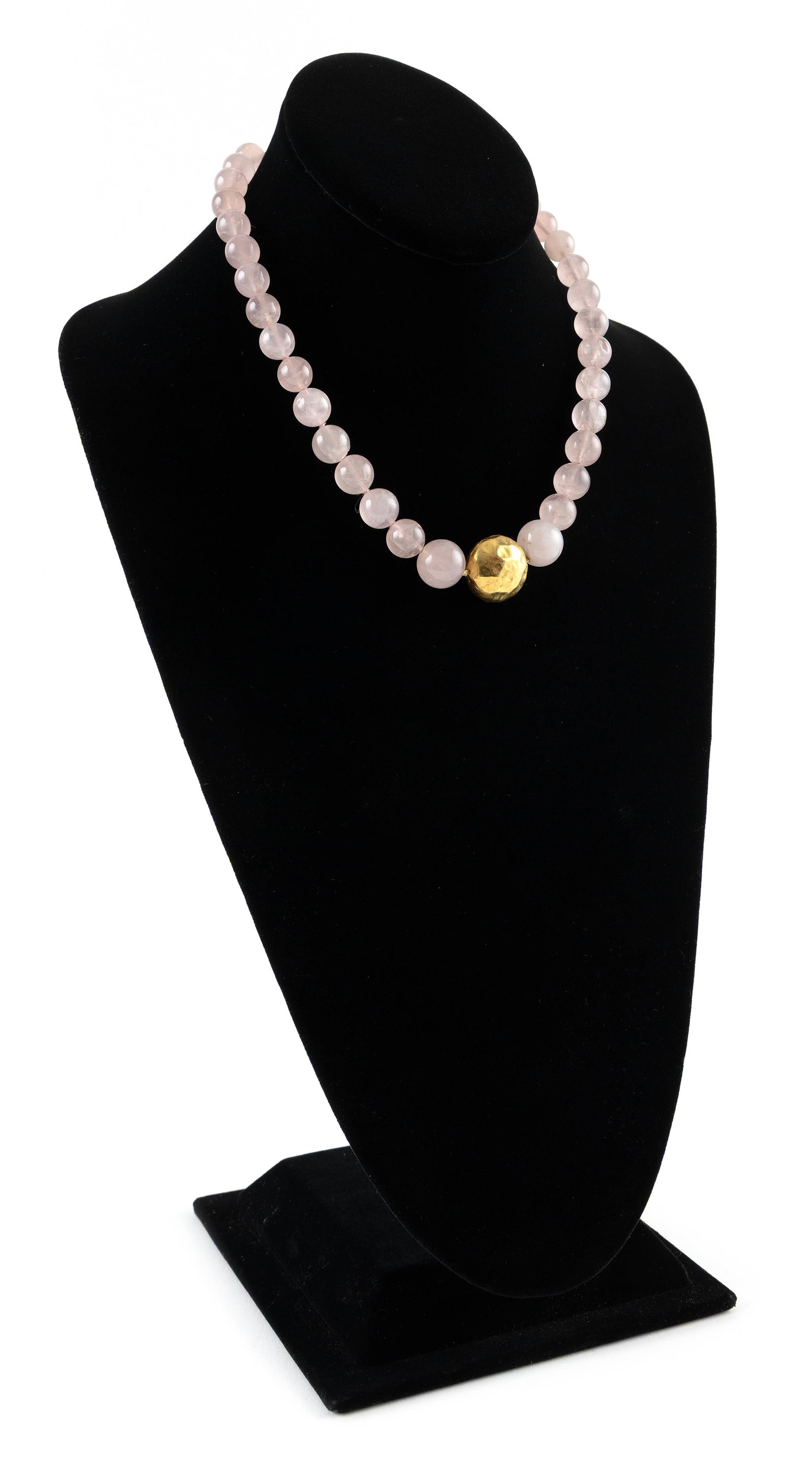18KT YELLOW GOLD AND ROSE QUARTZ BEAD NECKLACE: 18KT YELLOW GOLD AND ROSE QUARTZ BEAD NECKLACEOne approx. 20.0mm gold bead and graduated rose quartz beads from approx. 10.0 to 14.0mm. Fish hook clasp. Length adjustable from 15" to 17".