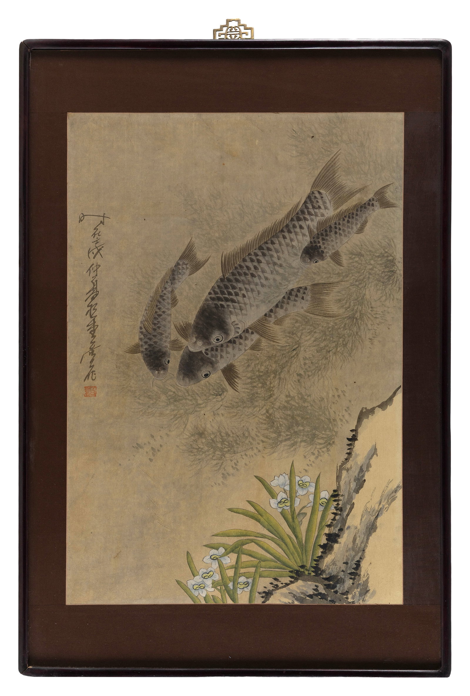 JAPANESE PAINTING OF CARP AND SEAGRASSES: JAPANESE PAINTING OF CARP AND SEAGRASSES Late Meiji Period Signed and seal marked left margin. On paper, 27" x 18.5". Framed 35.5" x 24".