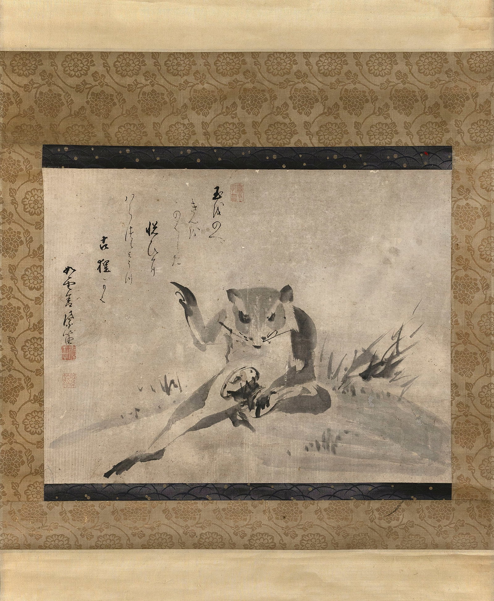 JAPANESE SCROLL PAINTING OF A TANUKI BEATING A DRUM (1 of 1)