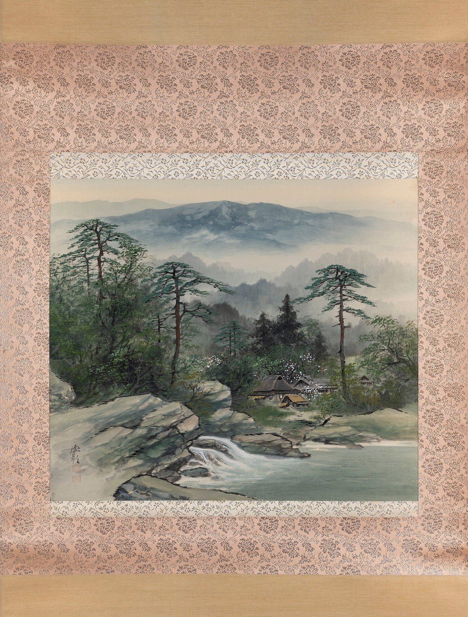 JAPANESE SCROLL PAINTING OF A LANDSCAPE: JAPANESE SCROLL PAINTING OF A LANDSCAPE 20th Century A rural village on a river surrounded by trees and mountains. Signed lower left. On silk, 17.5" x 20". With original kiriwood box.