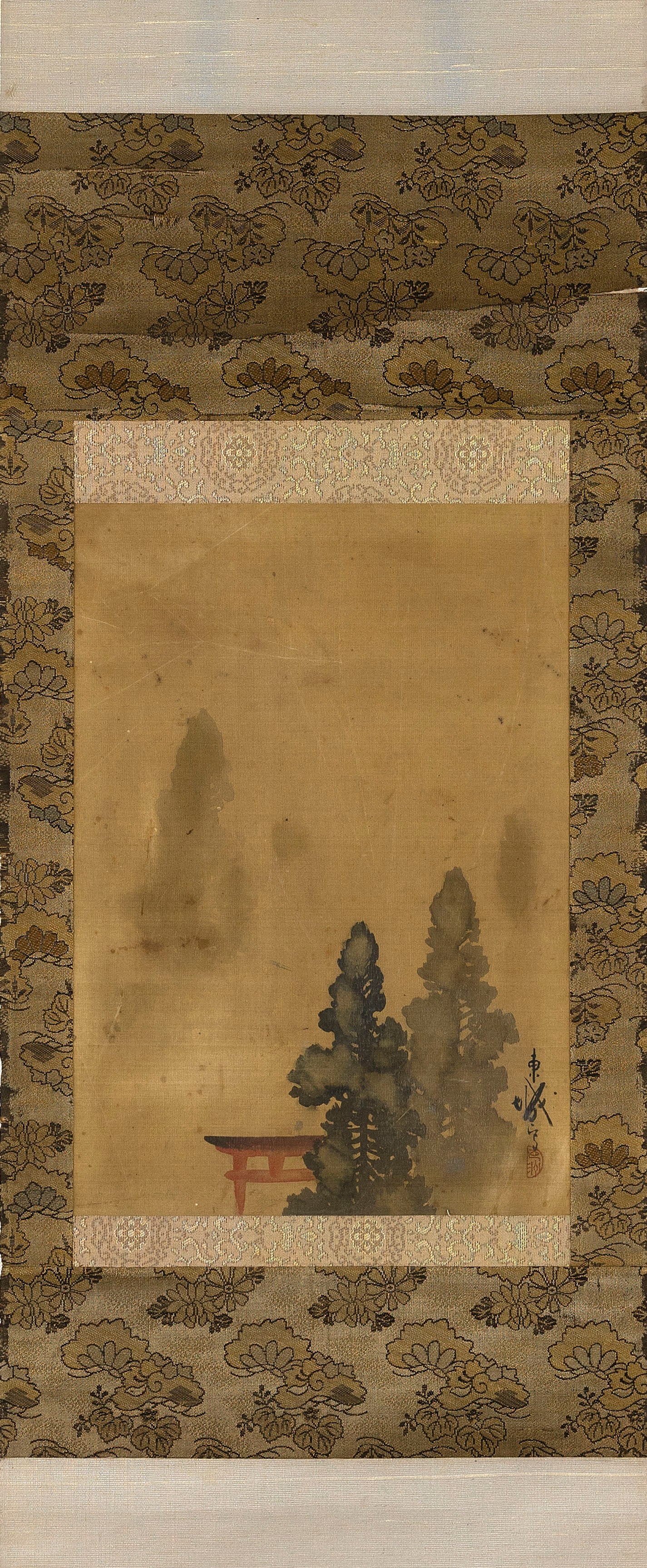 JAPANESE SCROLL PAINTING OF TREES TOWERING OVER A RED TORII GATE (1 of 1)