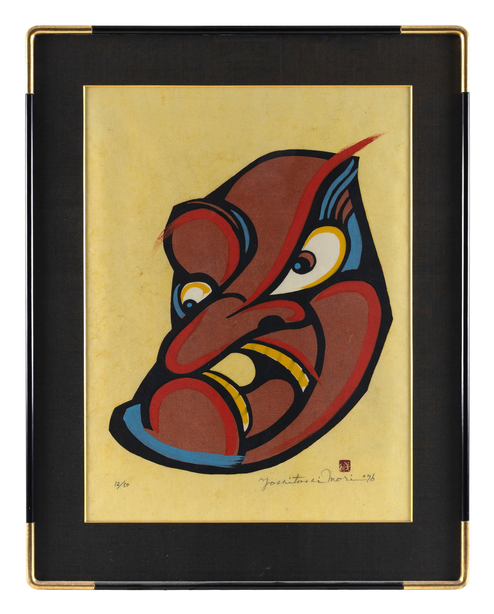 Shading Make-up (Tengu mask).: YOSHITOSHI MORI Japan 1898-1992 Shading Make-up (Tengu mask). Signed, seal marked and dated 1976 lower right. Titled on Kato Gallery label verso. Numbered 12/50. Housed in a Kato frame. Woodblock
