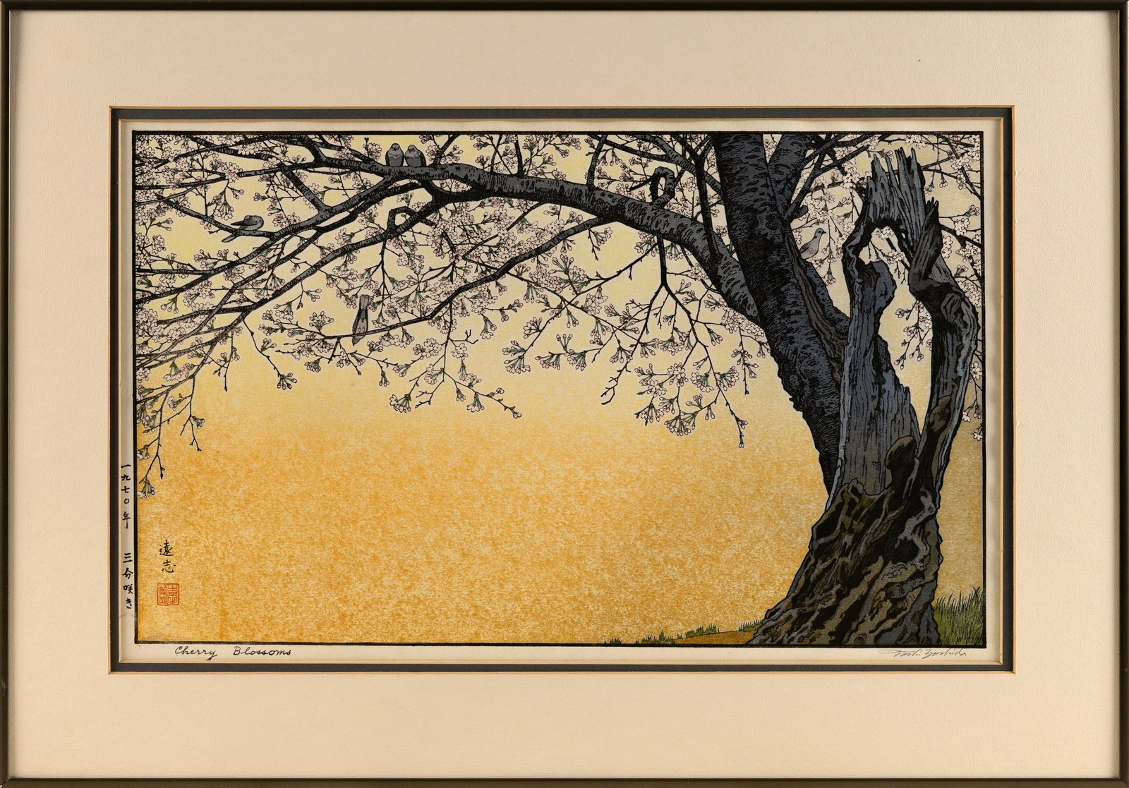 Cherry Blossoms.: TOSHI YOSHIDA Japan 1911-1995 Cherry Blossoms. Printed title and signed in pencil lower margin. Woodblock print, dai oban yoko-e, 13" x 20.5" sight. Framed 18" x 26".