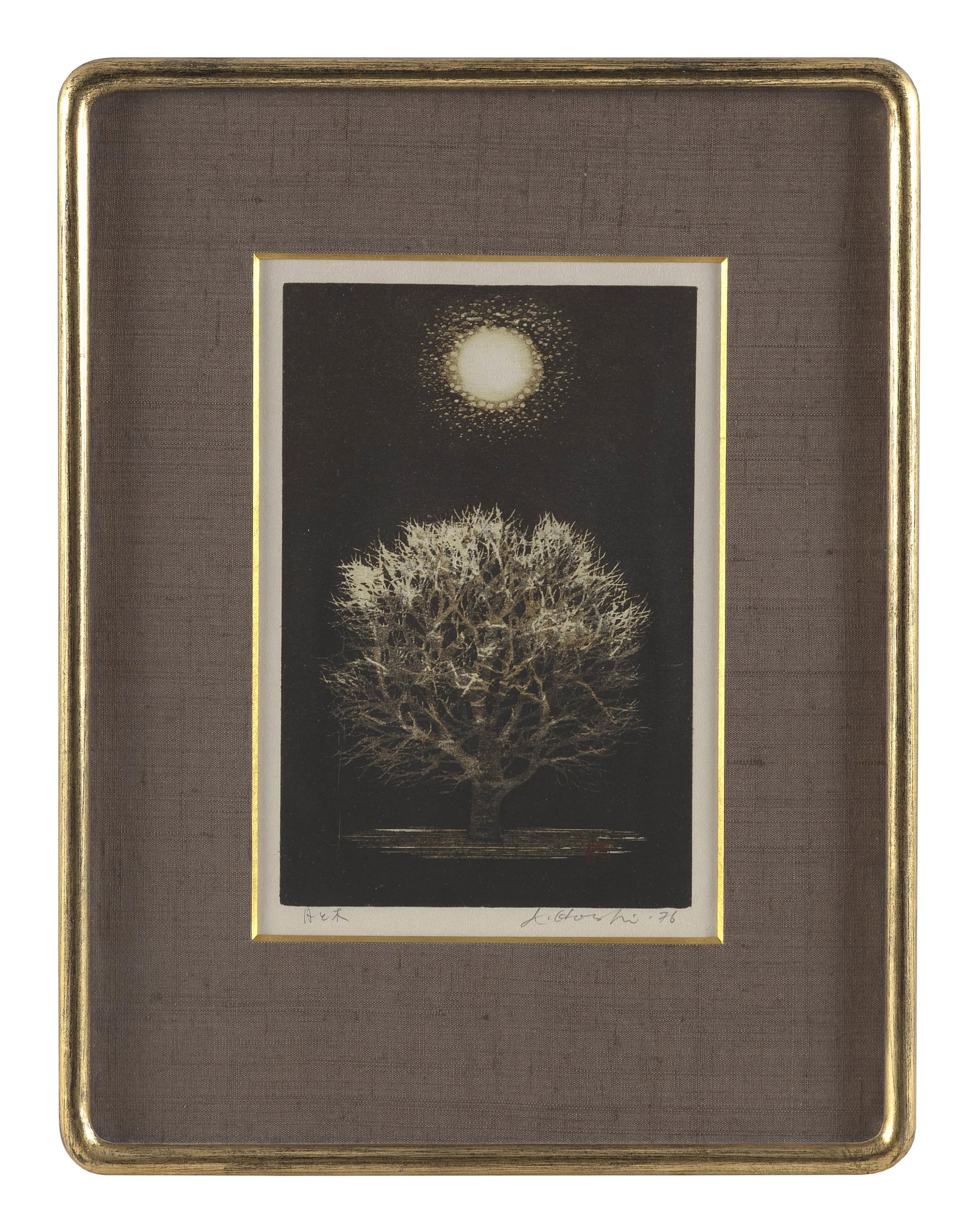 Moon and Tree.: JOICHI HOSHI Japan 1913-1979 Moon and Tree. Signed and dated in pencil lower margin "Joichi Hoshi '76". Housed in a Kato frame. Woodblock print, 8" x 5.5" sight. Framed 13" x 10".