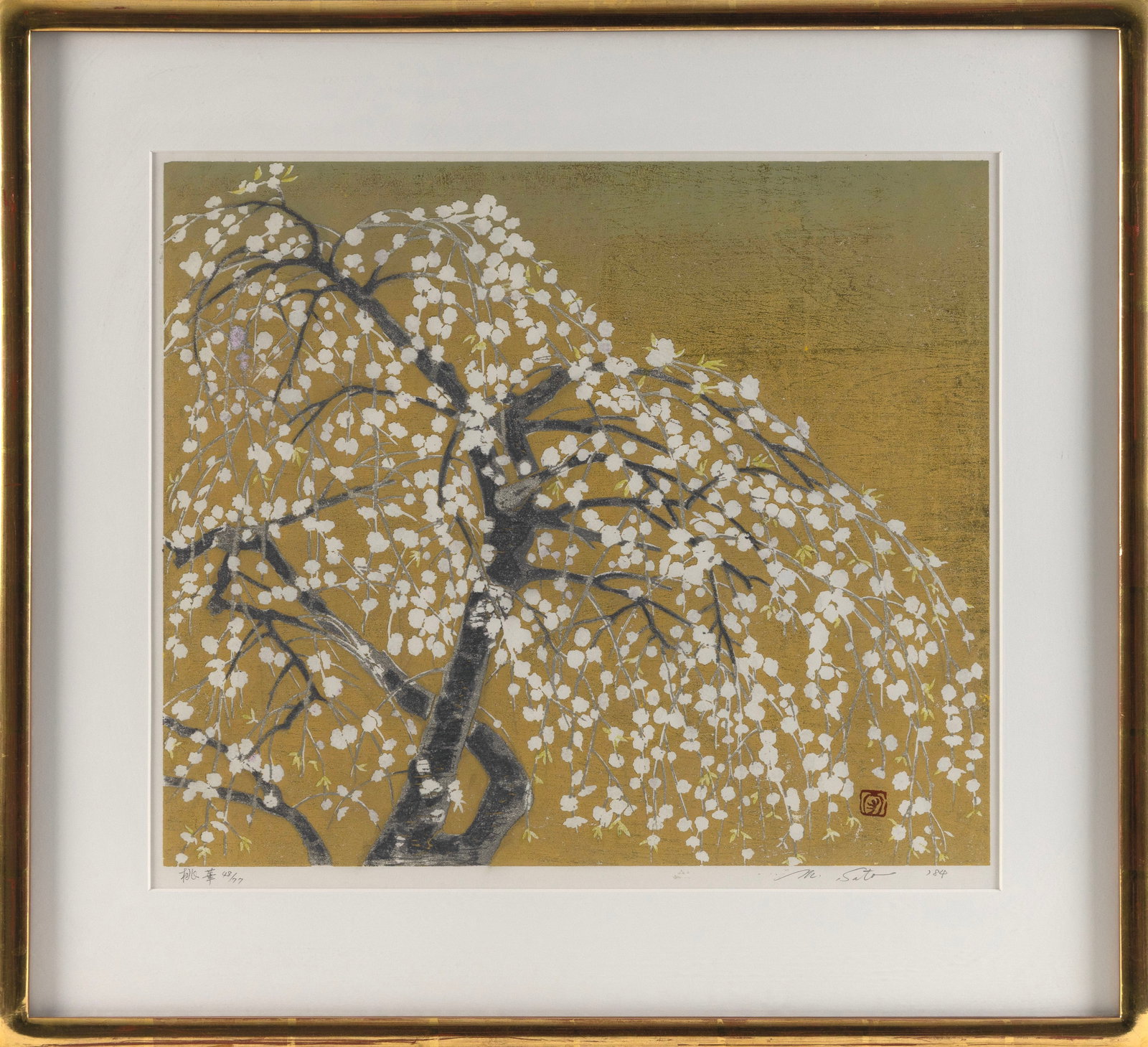 Momoka.: MORIHIRO SATO Japan 1943- Momoka. Signed, dated 1984 and numbered 48/77 in pencil lower margin. Woodblock print with gold leaf, 16" x 18.5" sight. Framed 23" x 25".