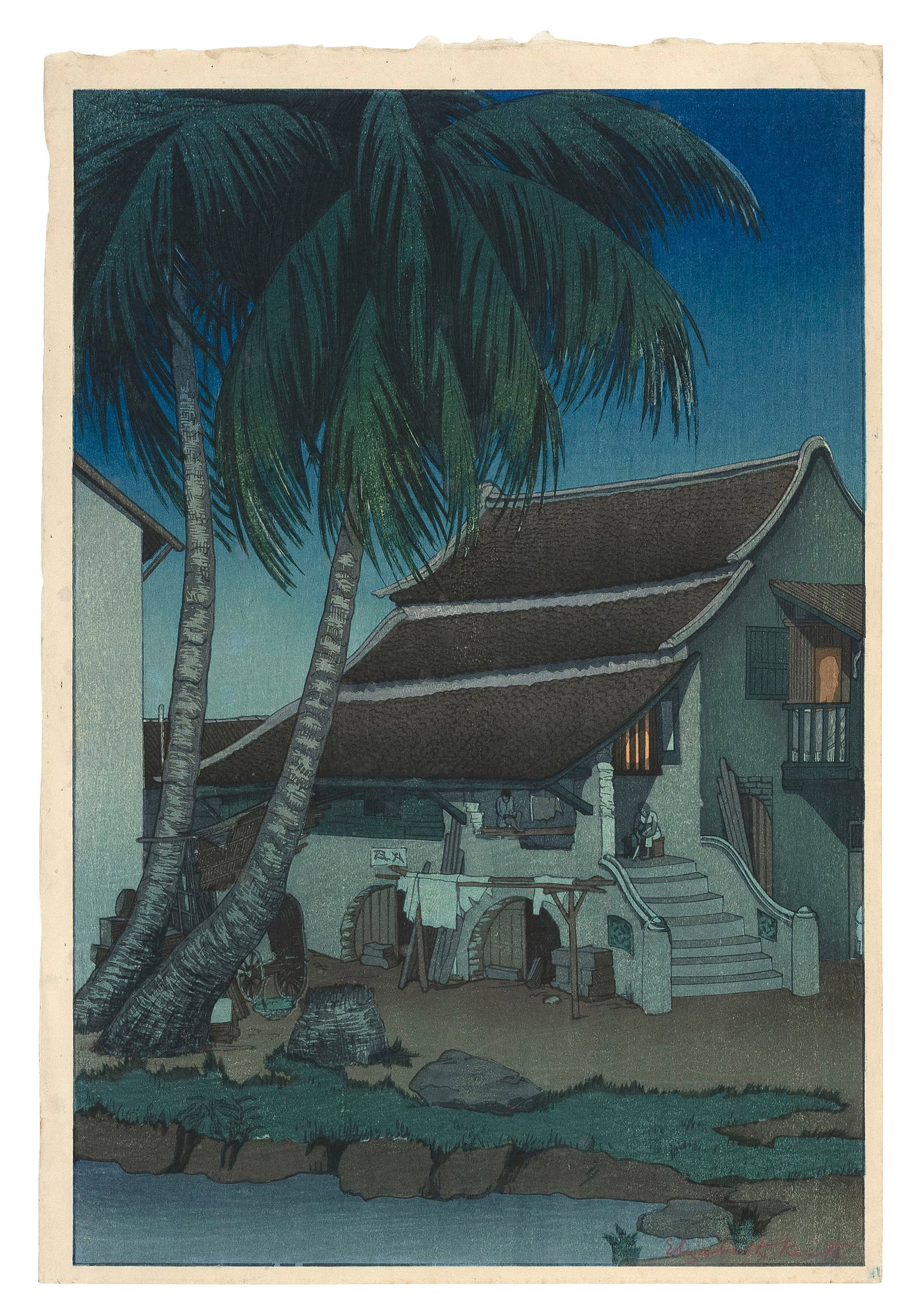 Old House, Malacca.: ELIZABETH KEITH United Kingdom/Japan/Scotland 1887-1956 Old House, Malacca. Signed in image lower right. Woodblock print, oban tate-e, 15.25" x 11". Unframed.