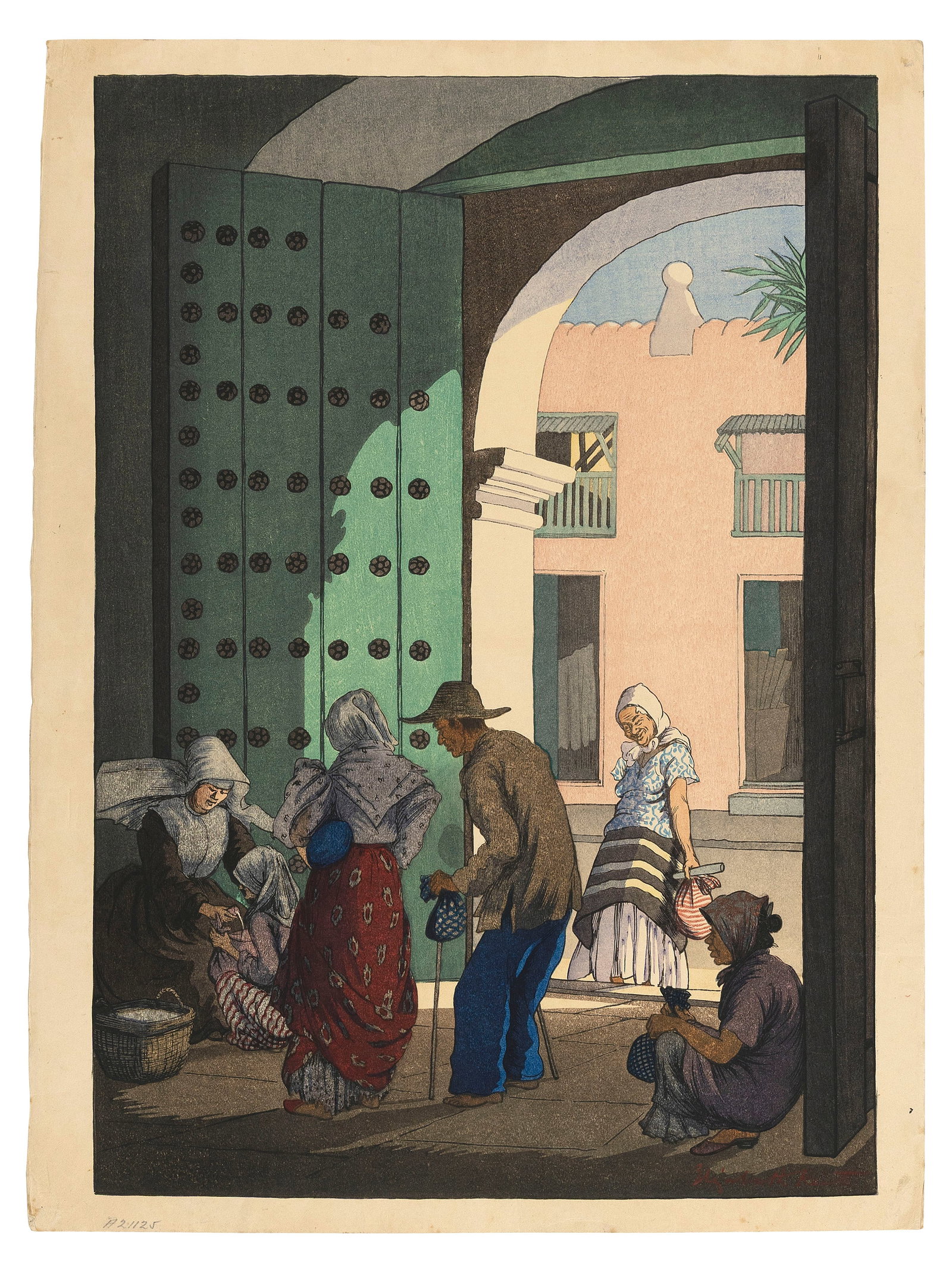 Santa Isabella Convent, Manila (Alms Giving).: ELIZABETH KEITH United Kingdom/Japan/Scotland 1887-1956 Santa Isabella Convent, Manila (Alms Giving). Signed in image lower right. Titled twice in pencil verso. Woodblock print, oban tate-e, 17" x 12.