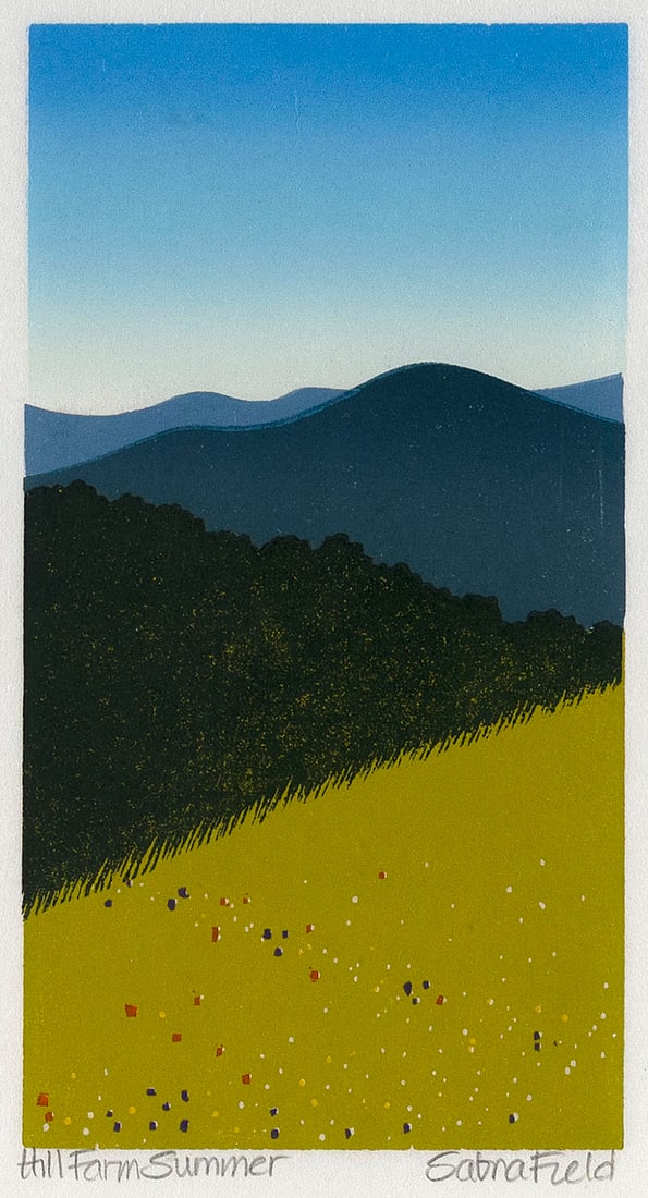 SABRA FIELD (Vermont/Oklahoma, 1935-), "Hill Farm Summer", 1984., Color woodblock, 9.5" x 5". Framed (1 of 3)