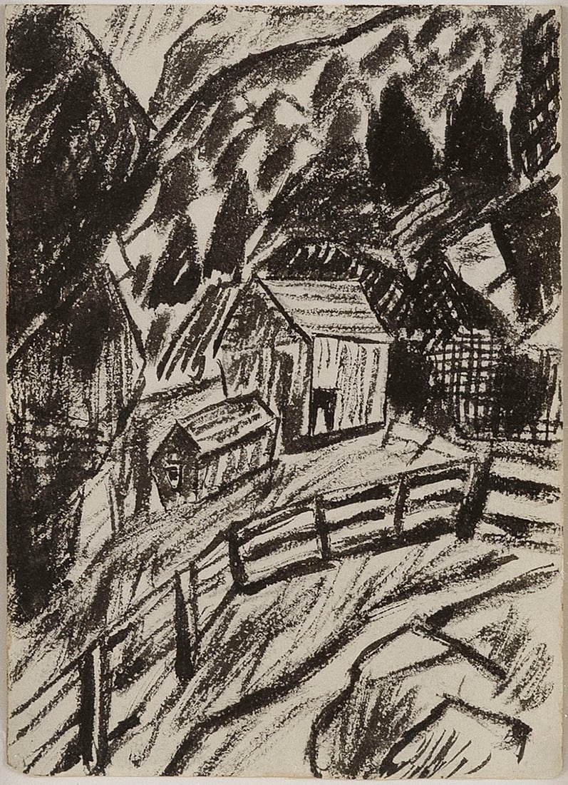 MARSDEN HARTLEY (Maine, 1877-1943), "Mountains and Barns"., Black crayon, 6.75" x 5". Framed 14.5" x (1 of 3)