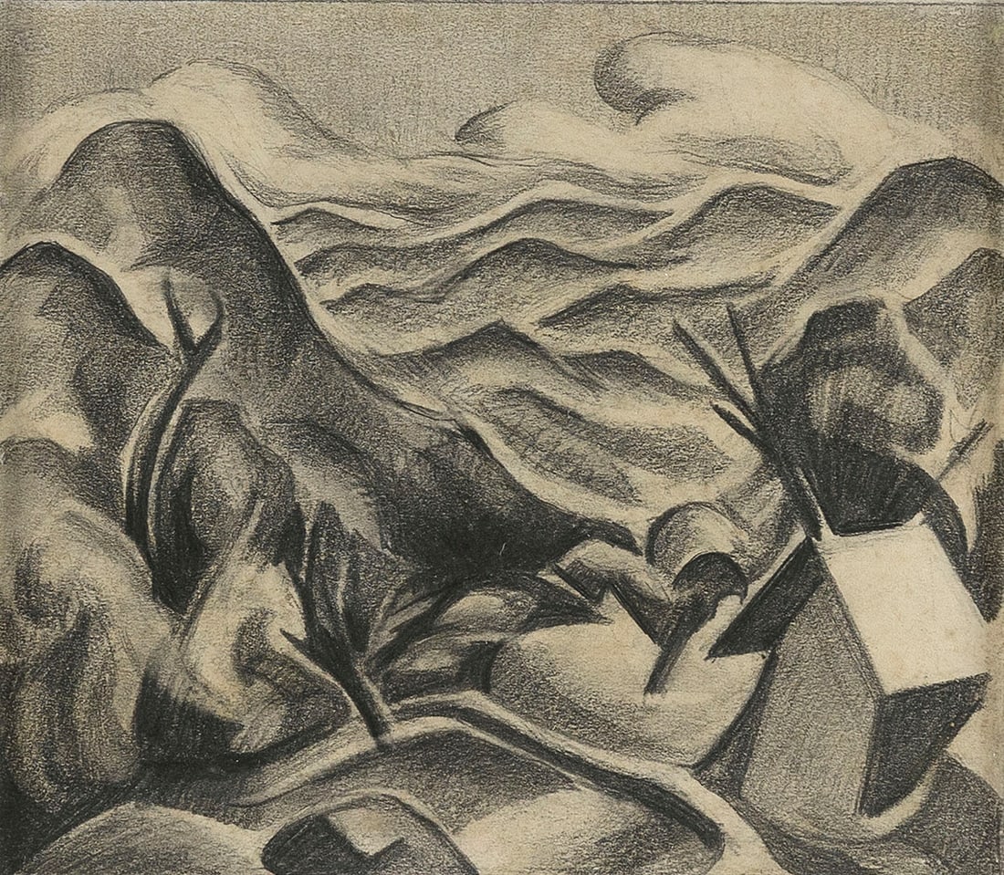 WILLIAM J. SCOTT (Connecticut/New Jersey, 1870-1940), Modernist landscape., Graphite on paper, 10.5" (1 of 3)