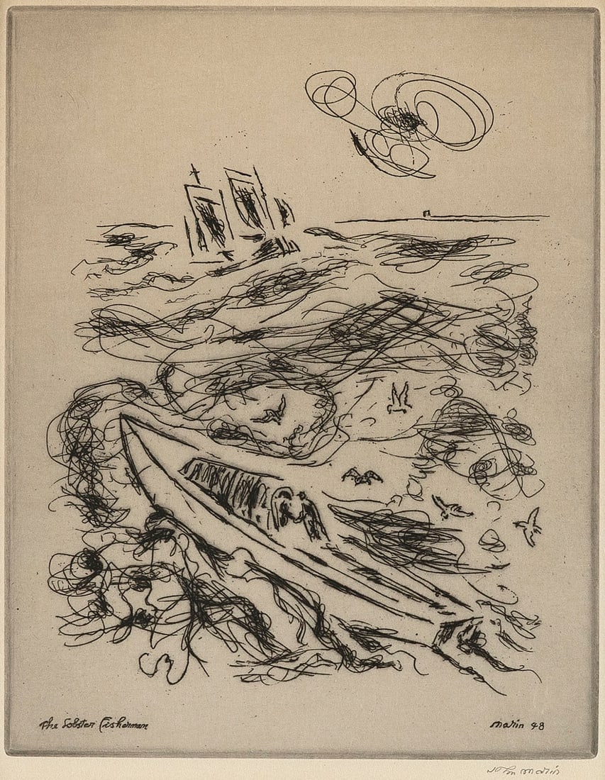 JOHN MARIN (New York/Maine/France, 1870-1953), "The Lobster Fisherman", 1948., Etching, 9" x 7". (1 of 3)
