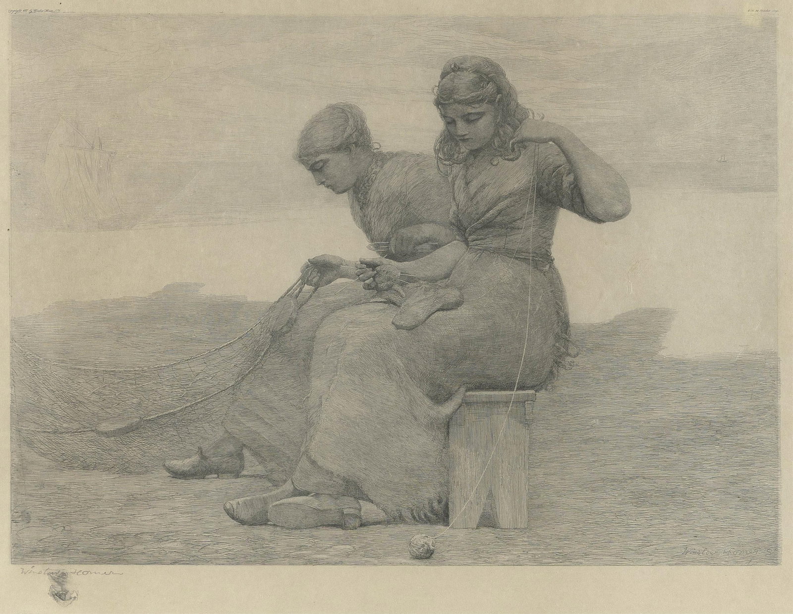 AFTER WINSLOW HOMER (Massachusetts/Maine/England, 1836-1910), "Mending the Tears", 1888., Etching on (1 of 3)