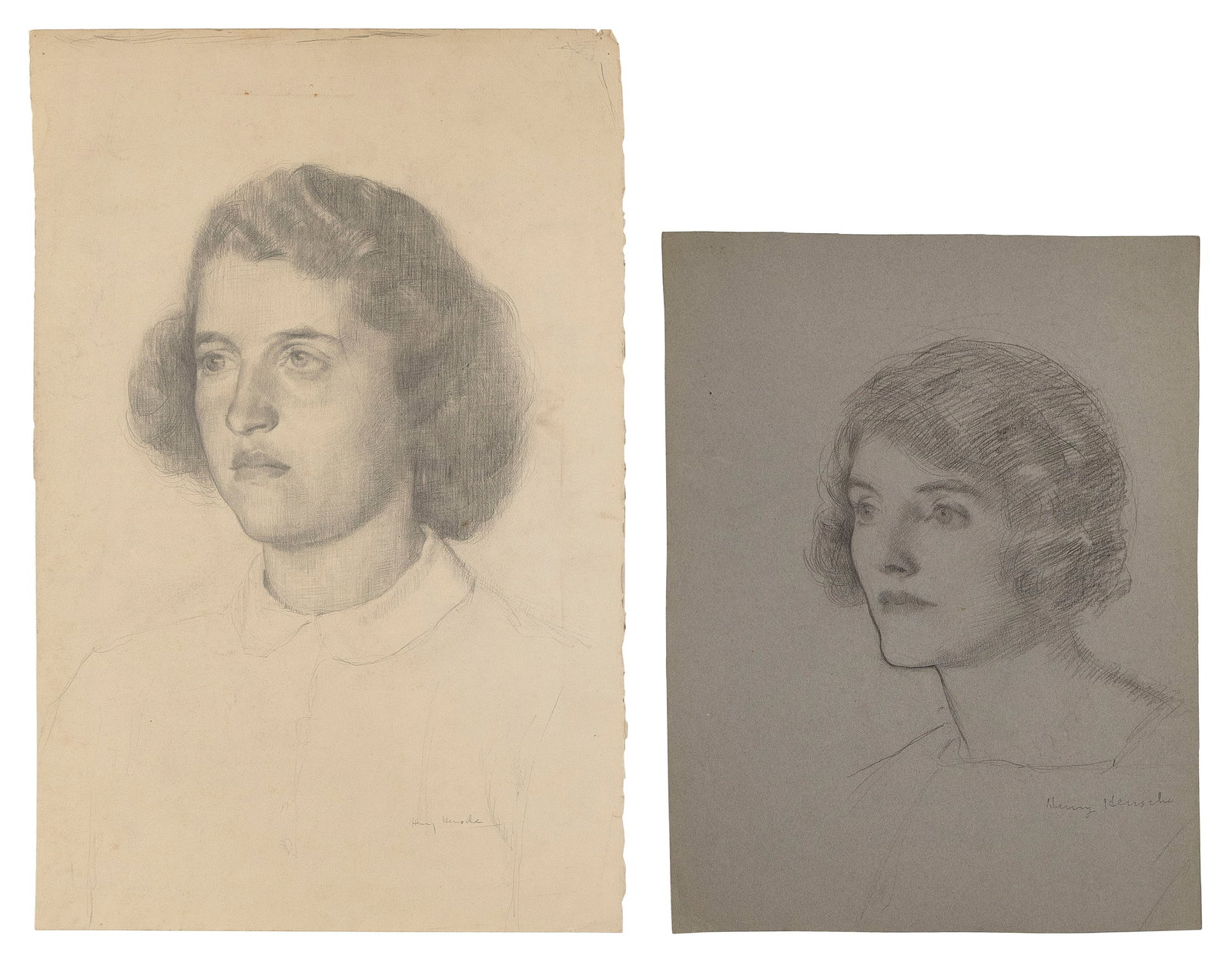 HENRY HENSCHE (Massachusetts/Louisiana/Germany, 1899-1992), Two female portrait studies: HENRY HENSCHEMassachusetts/Louisiana/Germany, 1899-1992Two female portrait studies: 1) Signed lower right "Henry Hensche". On gray wove paper, 14.75" x 11.25". Unframed.2) Signed lower right "Henry He