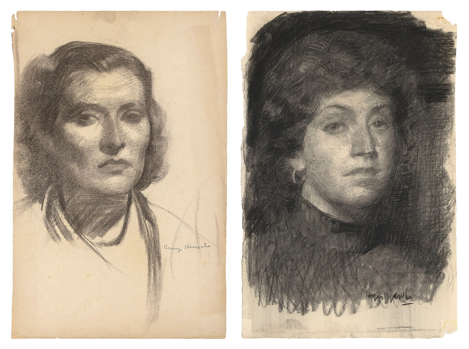 HENRY HENSCHE (Massachusetts/Louisiana/Germany, 1899-1992), Two female portrait sketches., Charcoals: HENRY HENSCHEMassachusetts/Louisiana/Germany, 1899-1992Two female portrait sketches. One signed lower right "Henry Hensche". Other signed with the estate stamp.Charcoals on paper, 19" x 12.5". Unframe
