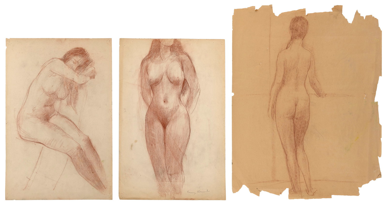 HENRY HENSCHE (Massachusetts/Louisiana/Germany, 1899-1992), Three female figural studies., Cont: HENRY HENSCHEMassachusetts/Louisiana/Germany, 1899-1992Three female figural studies. One double-sided, with an unfinished charcoal study verso. One signed lower right with the estate stamp. Other two