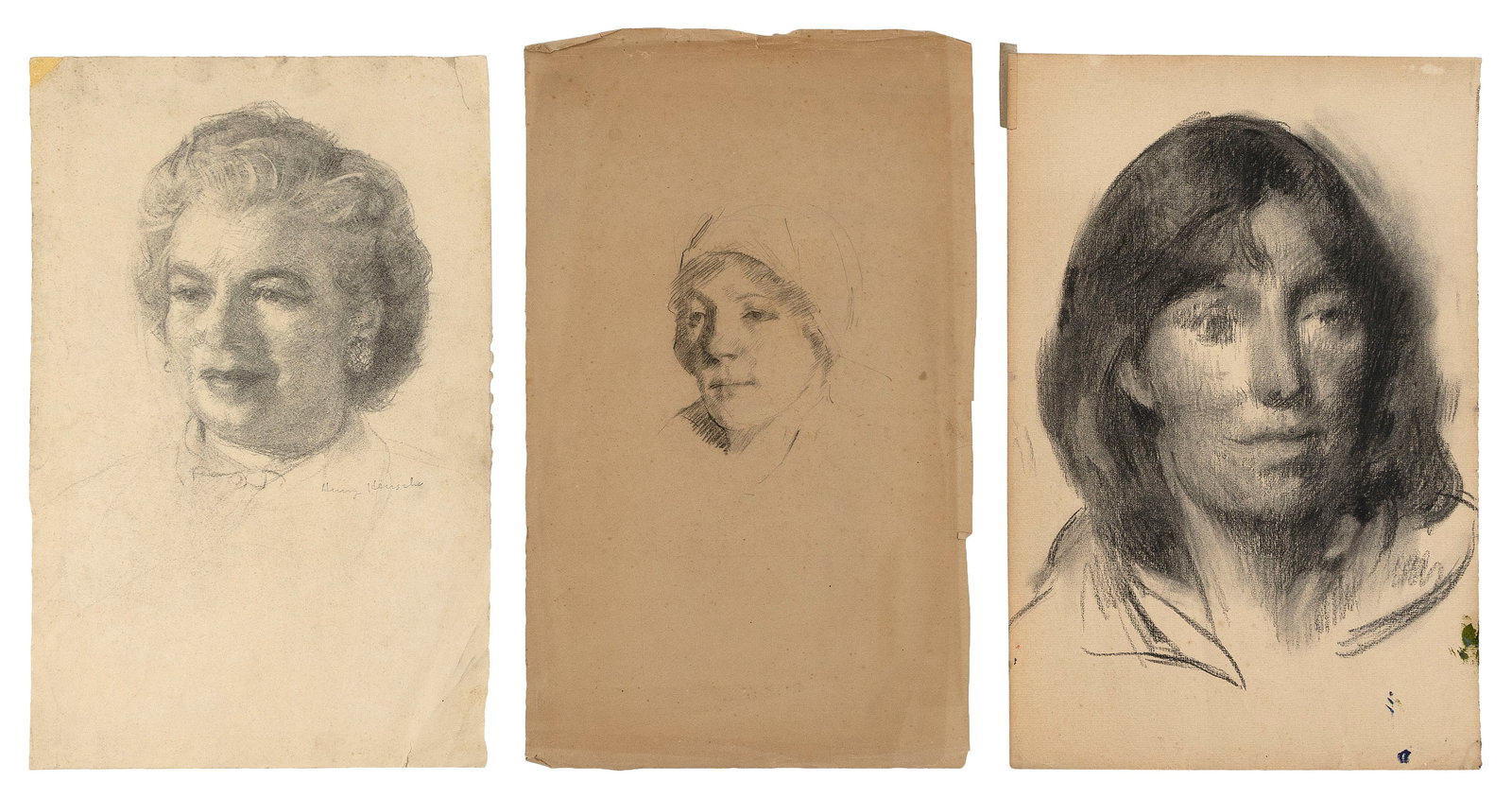 HENRY HENSCHE (Massachusetts/Louisiana/Germany, 1899-1992), Three female portrait sketches., Each: HENRY HENSCHEMassachusetts/Louisiana/Germany, 1899-1992Three female portrait sketches. One signed lower right "Henry Hensche". Other two unsigned.Each approx. 19" x 12.25". Unframed.